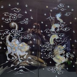 2 Black Lacquered Panels, Japanese Asian Mother Of Pearl Dragons Wall Hanging