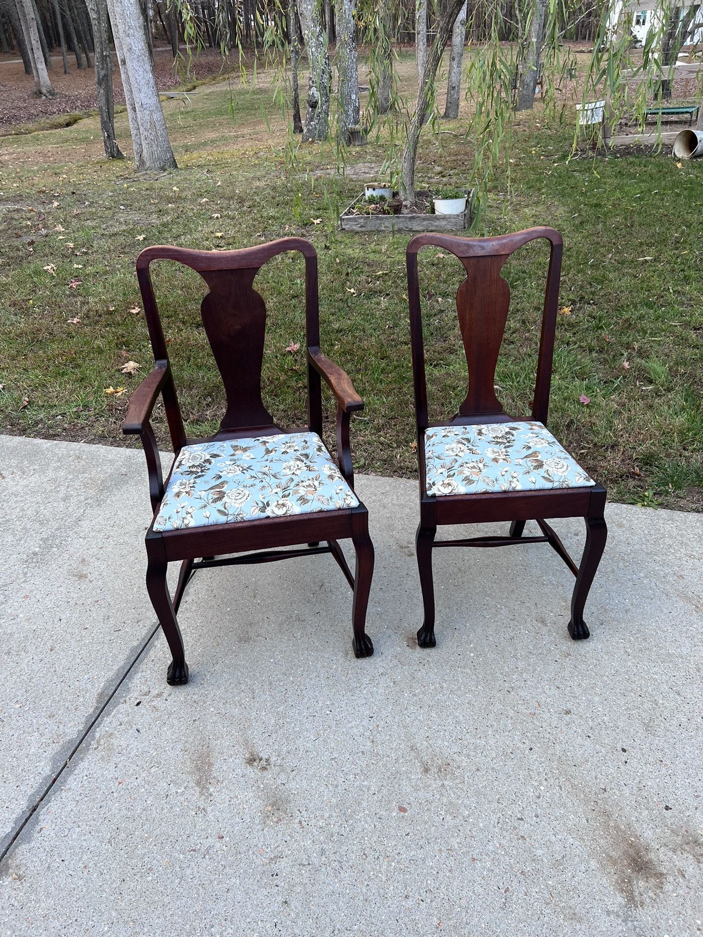 Pair of Vintage Queen Anne Style Claw Foot Farmhouse Dining Chairs