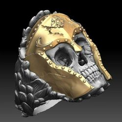 Huge 25mm Viking Warrior Demon Black Skull Biker Gold Helmet Ring - Size 12