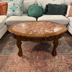 French Provincial Marble Coffee Table – Carved Wood Base – Elegant Traditional Style