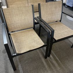 3 Pc Outdoor Patio Set Mash Brown And Metal Frame Bench & 2 Chairs 
