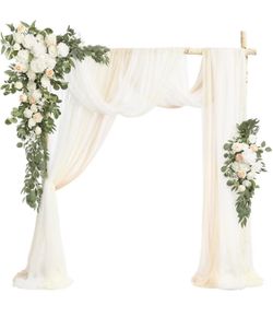 Ling's Moment 5 Pack White Luxury Artificial Flowers for Wedding Arch with Drapes, 2 Floral Arrangements, 3 Hanging Sheer Curtains, Sage Color, Ceremo