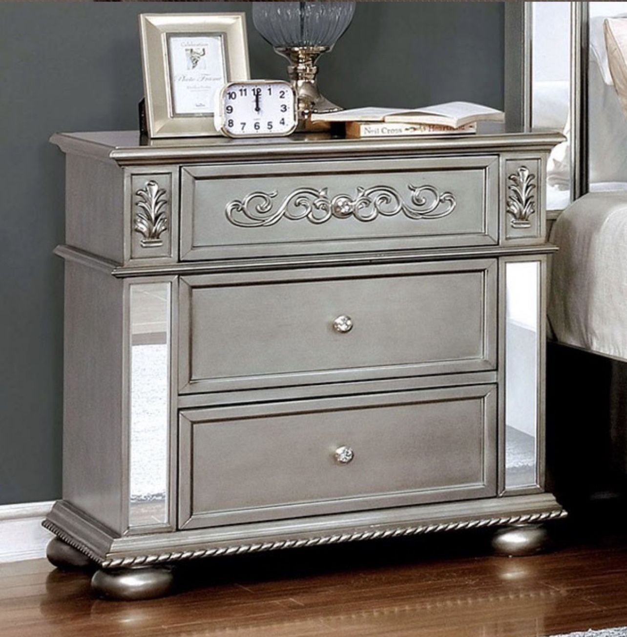 Silver Nightstand W/ Mirrored Trim Brand New In Box