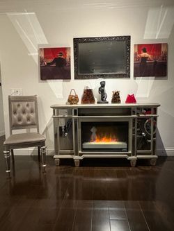 Glass Entertainment Center/TV Stand With Electronic Fireplace and Chair