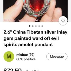 China Tibetan silver lenlay gem painted ward off evil spirits amulet pendent