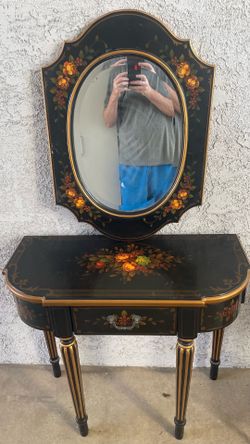 1980s Oriental Accent Hitchcock Style Console Table and Mirror