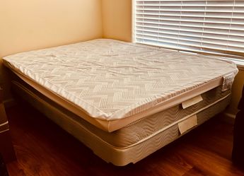 Full size metal bed frame, box spring, mattress and padded memory foam topper