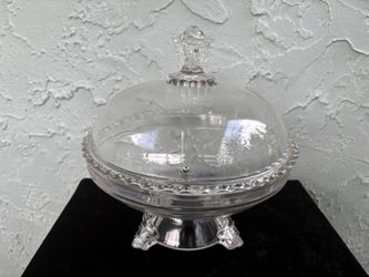HOBBS Clear/Frosted Glass Viking/Bearded-Man Footed Compote Decorative Dish