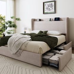Queen Size Storage Bed Frame with 4 Oversized Drawers, Modern Wingback Headboard with Storage Shelf & Charging Station, No Box Spring Needed, Easy Ass