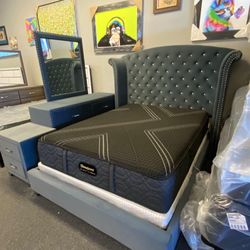 Queen Glam 4pc Bedroom Set Bed Dresser Mirror Nightstand Optional Chest, extra nightstand, King size and mattress set available pick up can deliver