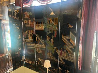 Asian motif wall panel divider.. 93 “ tall  and folds to smaller size .  $500