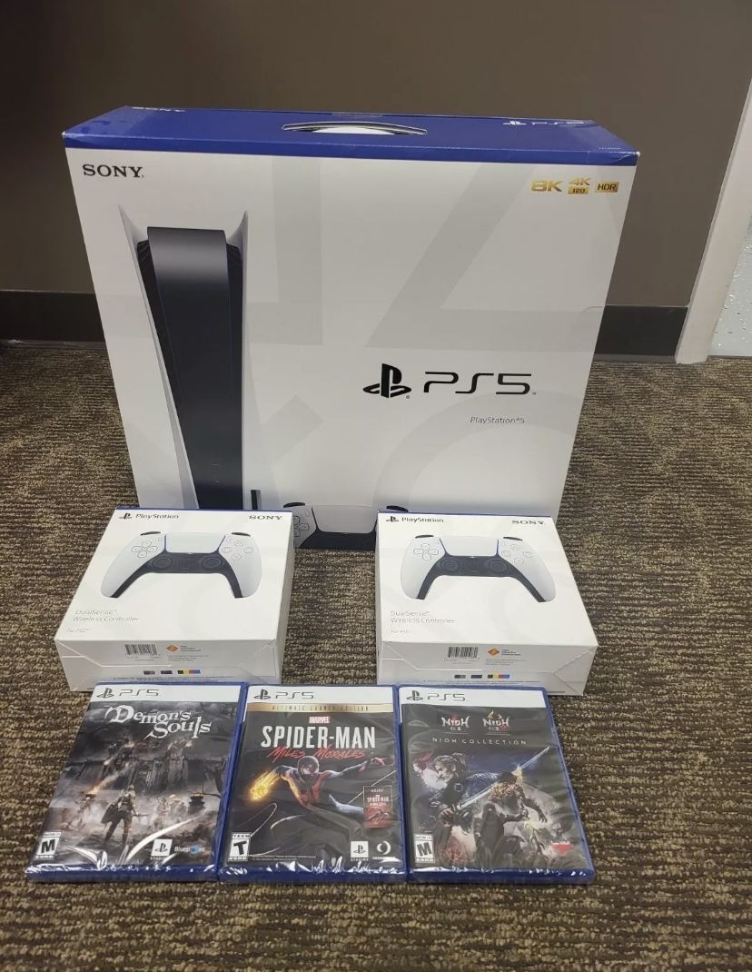 Sony PlayStation 5 PS5 Console Disc Version 3 Games + 2 Controller Bundle.