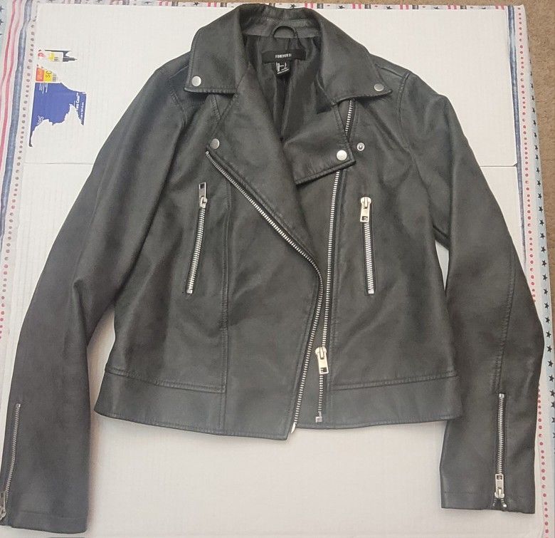 Forever 21 Charcoal Faux Leather Bomber Jacket 