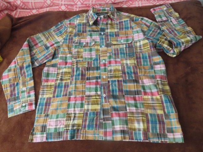J Peterman Men's Shirt 2XL Plaid Madras Patchwork Outdoor Fall Colorful #1