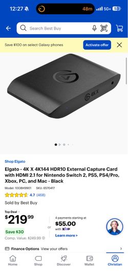 Elgato - 4K X 4K144 HDR10 External Capture Card with HDMI 2.1 for Nintendo Switch 2, PS5, PS4/Pro, Xbox, PC, and Mac - Black