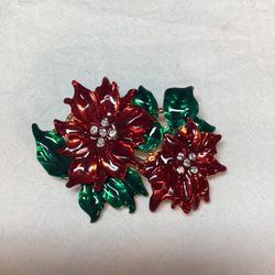 Vintage Enamel Rhinestone Holiday Poinsettia Brooch