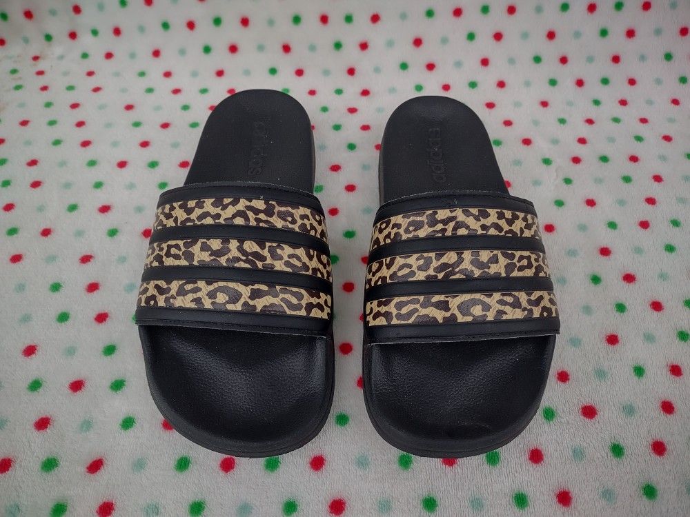 ADIDAS BLACK CHEETAH LEOPARD Sz 7 ADILETTE SHOWER SLIDES SLIP ON SANDALS