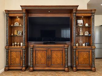 Ornate Wood Entertainment Center & TV Stand with Side Piers and Bridge