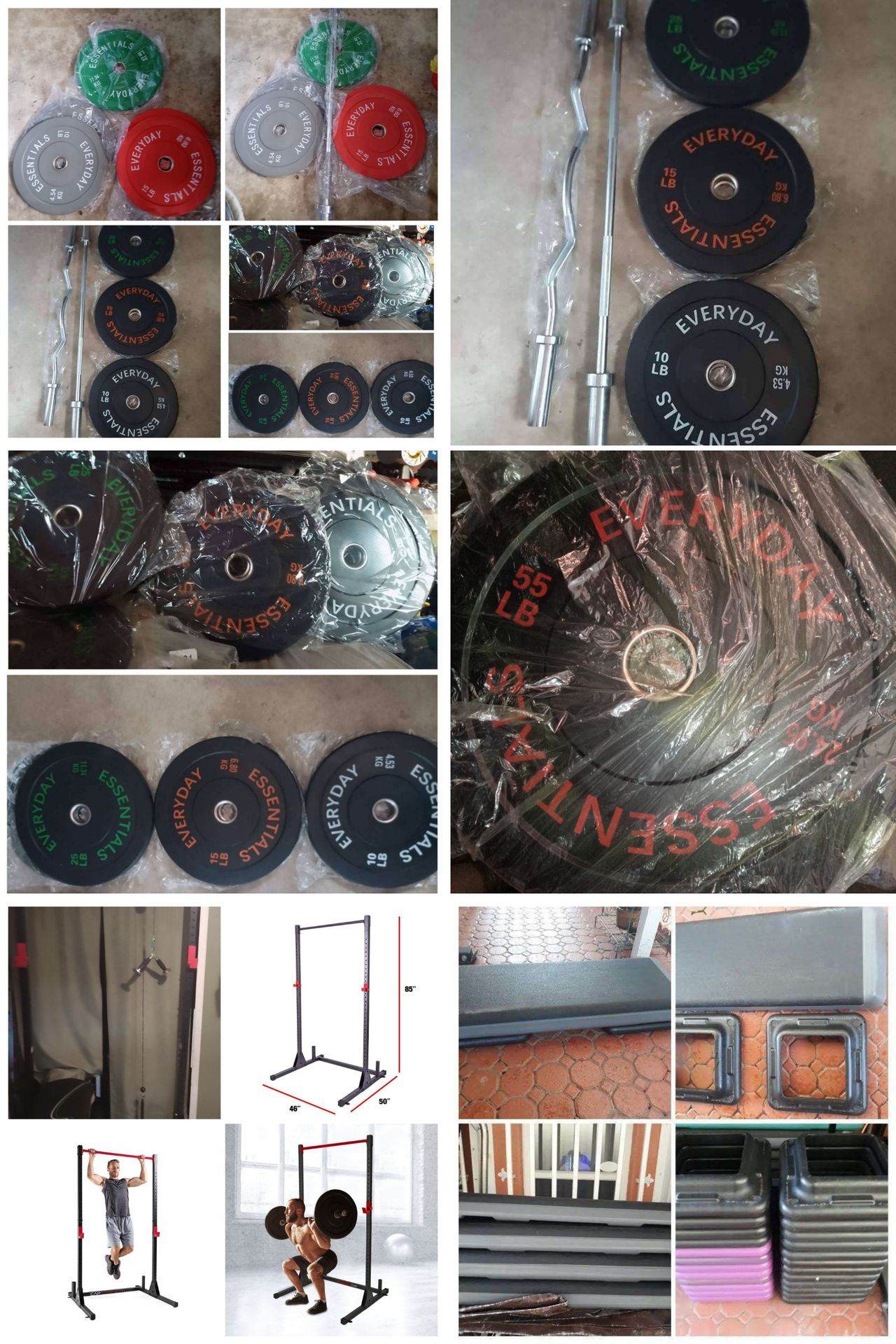 Bumper weight plates, Olympic bar, Curl bar, Weight station rack, Step Platform