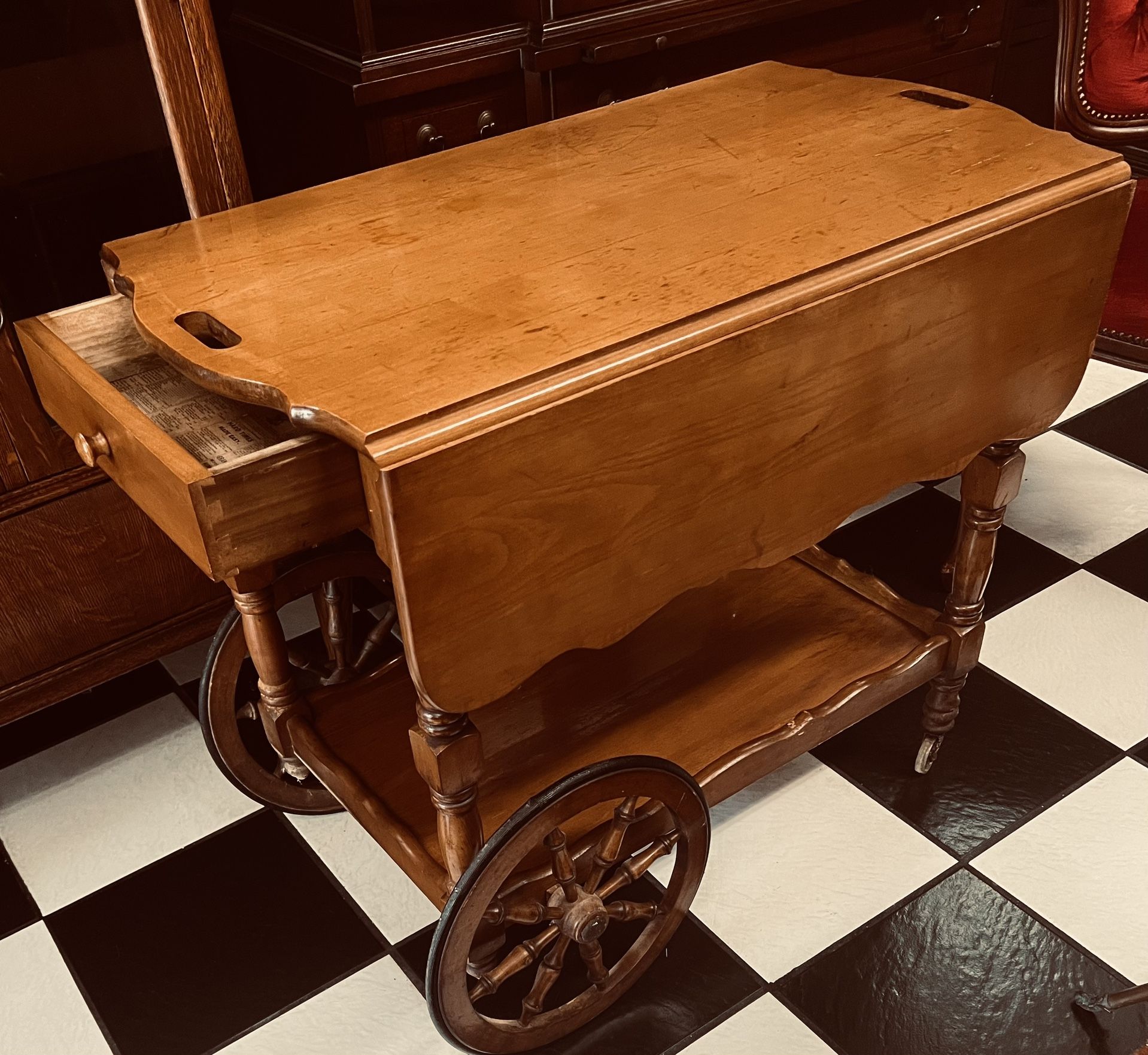 Antique Colonial Oak Wood Drop leaf Rolling Bar Cart Tea Trolley.
