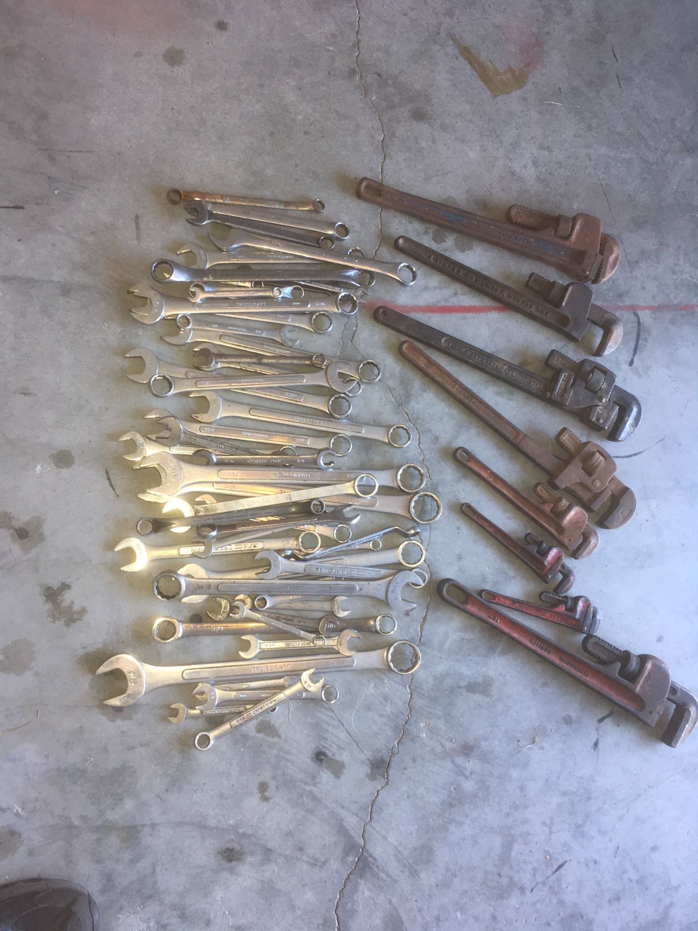 lot of 50 wrenches and 8 pipe wrenches