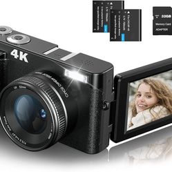 4K Digital Camera, 48MP Autofocus Video Camera with 3" 180°Flip Screen 32GB SD Card, 16X Digital Zoom, Compact Recorder Vlogging Cameras for YouTube w