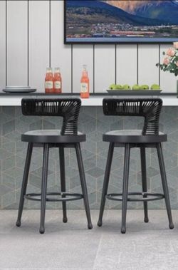 PURPLE LEAF Outdoor Swivel Counter Height Stools Set of 2 Metal Modern Rattan Bar Chairs with Backrest Aluminum Woven Barstools with