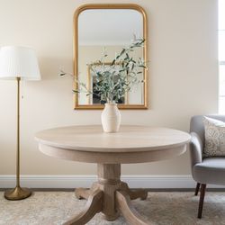 Antique Solid Oak Wood 42"  Round Dining Table, Metal Casters Feet