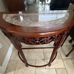 Vintage Chinese Carved Rosewood & Marble Top Demilune Console Table