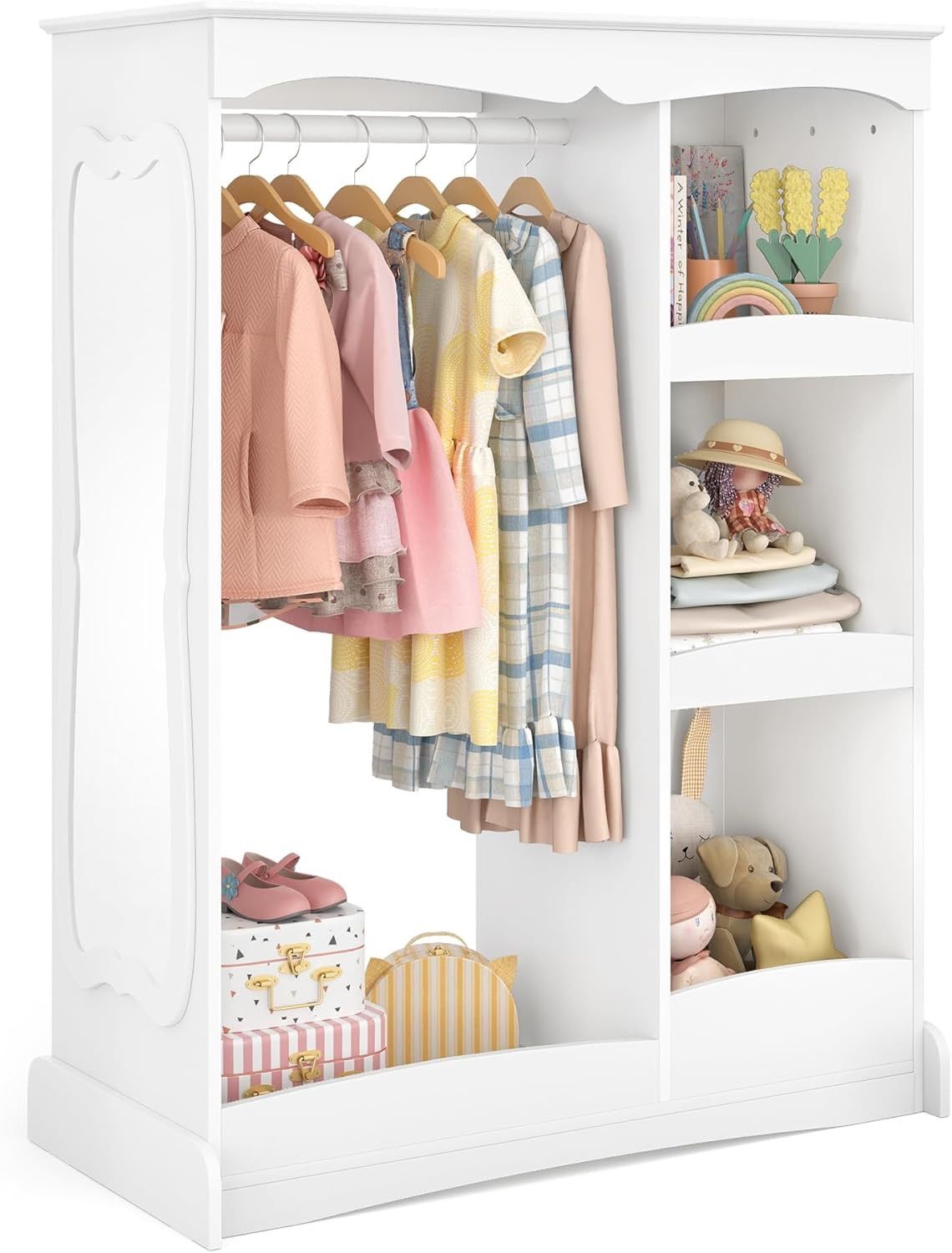 Kids Dress Up Storage with Flower Mirror, Open Hanging Closet Wardrobe for Children, Kids Armoire & Costume Organizer for Bedroom Playroom Preschools