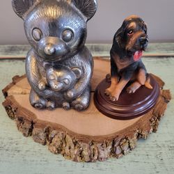 Vintage Silver Teddy Bear. And Hunting Dog Statue.