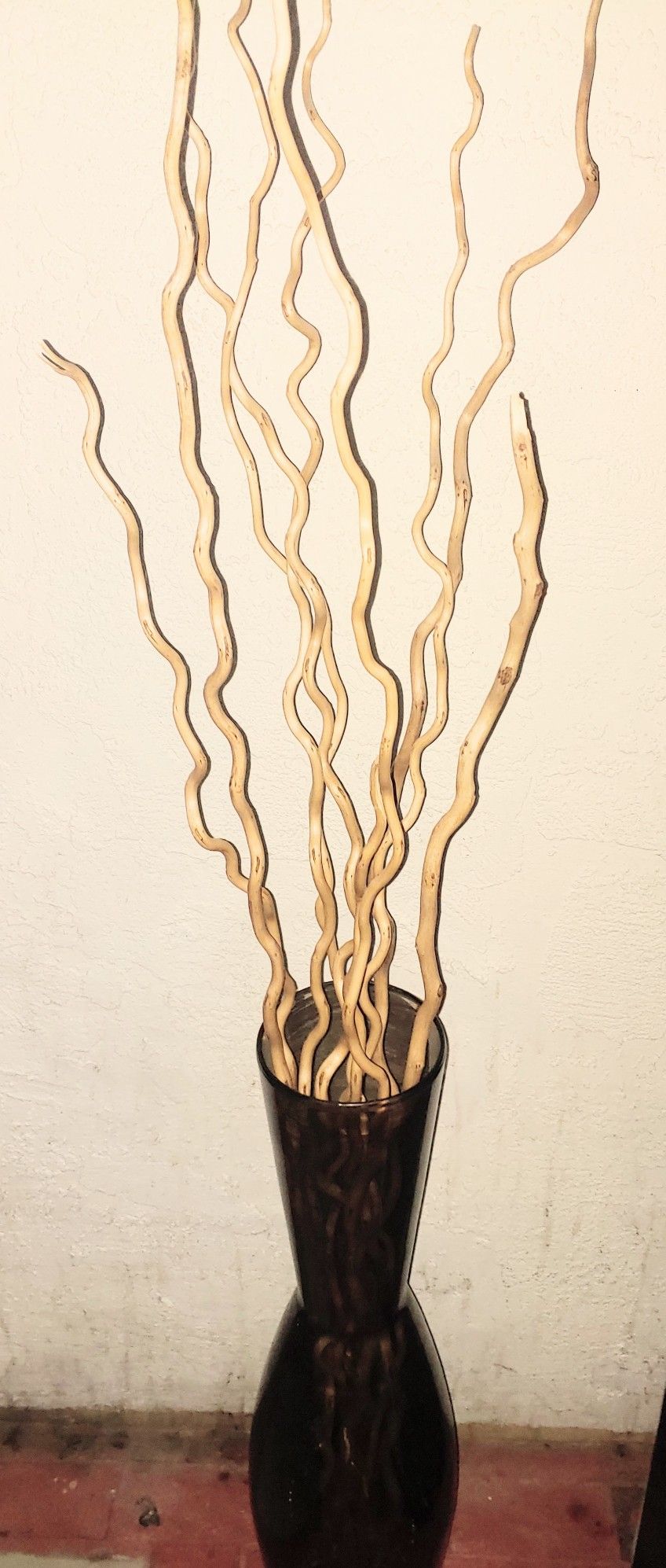 Smokey Glass Floor Vase W/Bamboo Sticks
