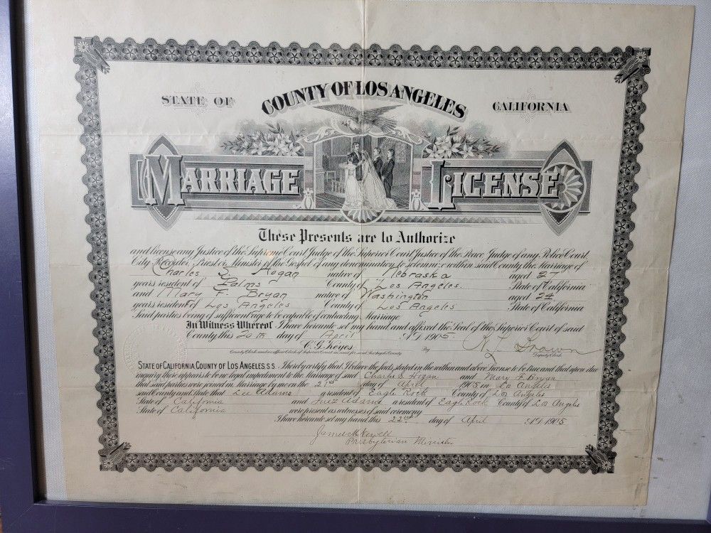 1905 California Marriage License Certificate - Los Angeles