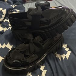 Black Leather Bow Loafers