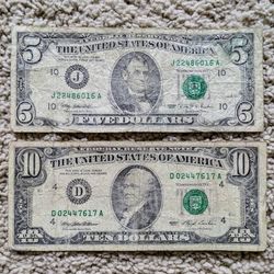 Vintage 1990s small face $5 & $10 bills Federal Reserve bank notes old American paper money