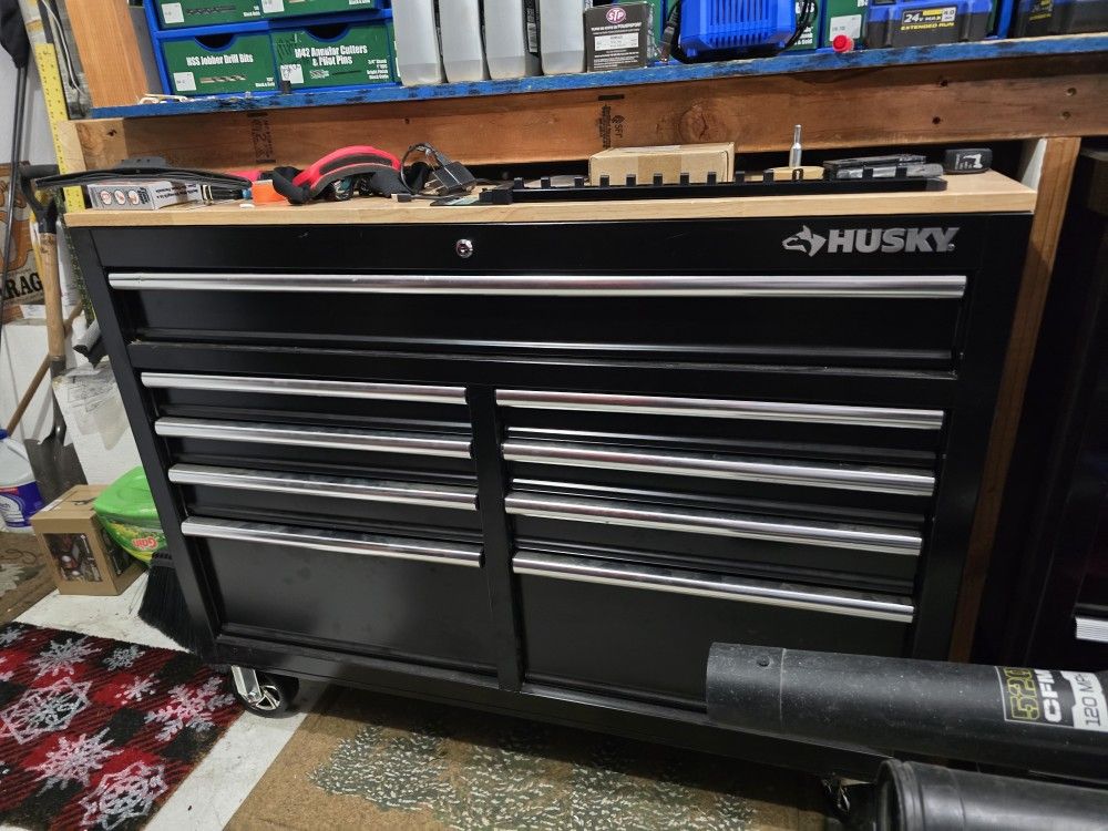 46-in 9 Drawer Husky Mobile Workbench With Wood Top Tool Box Storage Cabinet