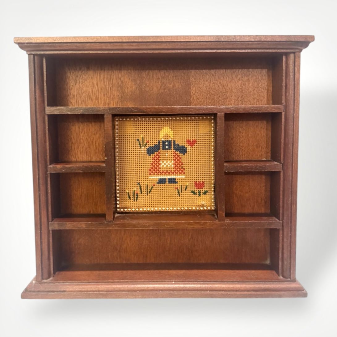 Vintage 1970's Wood Wall Display Case Shadowbox Trinket With Needle Point Insert