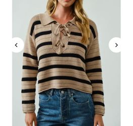 Aaron & Amber Lace-Up Spread Collar Striped Knit Sweater Size Large New with tag
