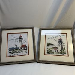 Vtg Custom-Framed Lighthouse Cross Stitch Set – Cape Blanco & Heceta Head Coastal Art
