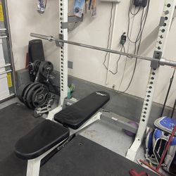 Weight Bench, Squat Rack ,Bar,weights And Black Rubber Mats