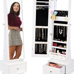 360 Swivel Mirrored Jewelry Cabinet, Standing Armoire, Makeup Storage Organizer white unopened box