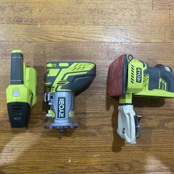 Ryobi ONE+ 18 V Bare Tool Bundle: Dust Extractor + ¼″ Trim Router + Detail Palm Sander (No Batteries)
