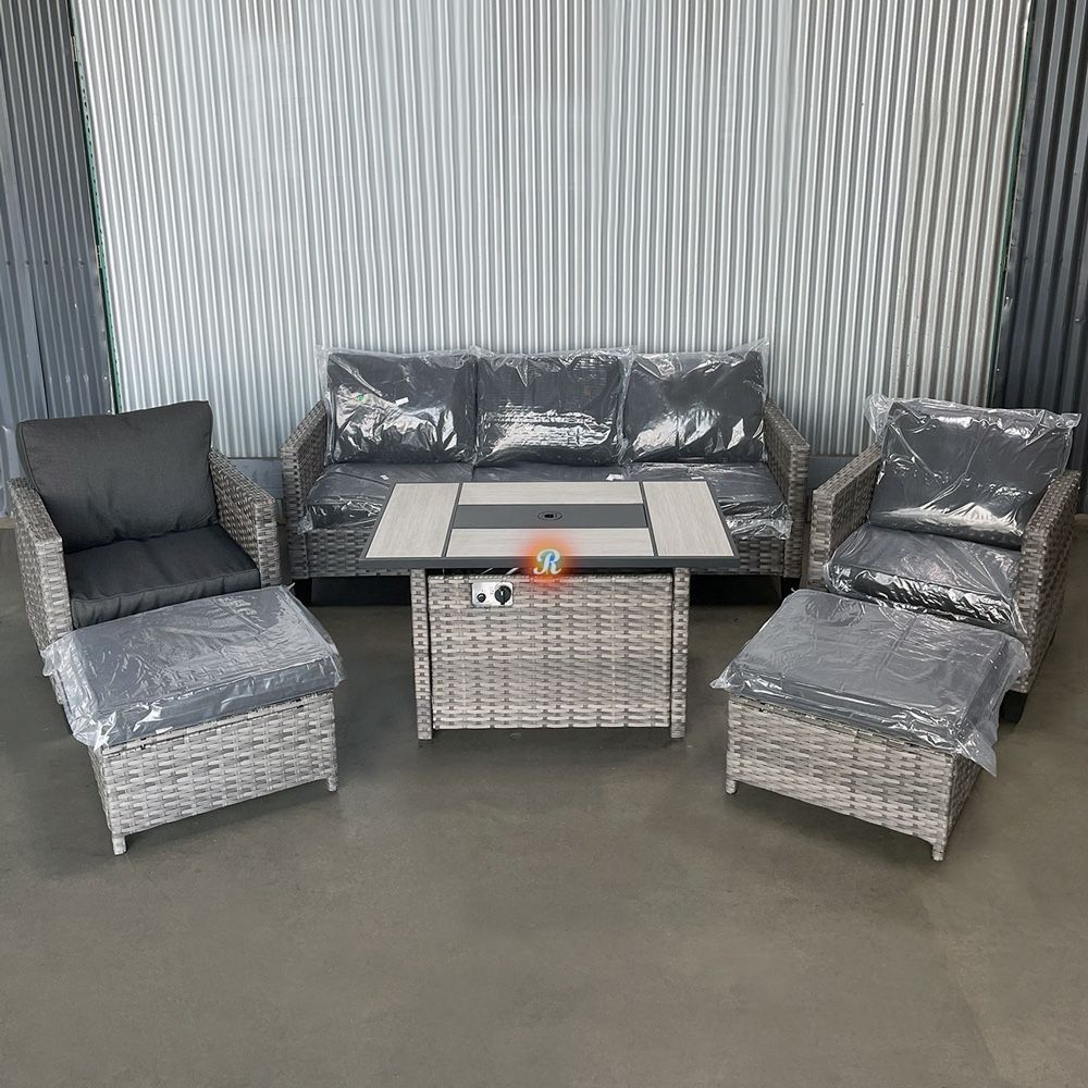 Outdoor Patio Furniture Wicker Couch Set With Fire Pit Table