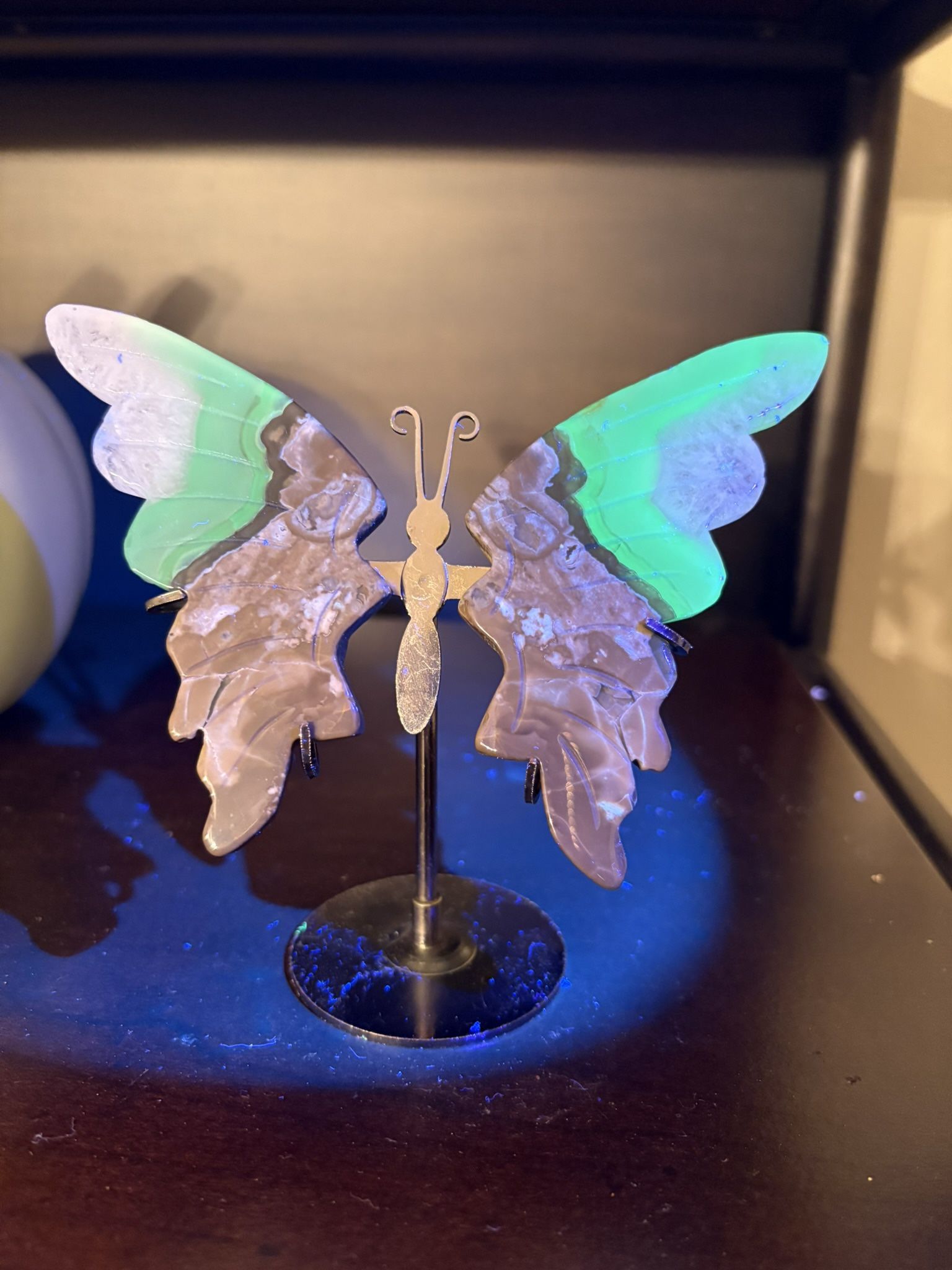 Volcano Agate butterfly wing carving with a stand