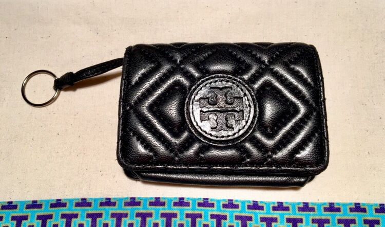 Tory Burch Black Quilted Leather Marion Small Keychain Wallet