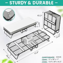 Folding Bed Frame with 5 Inch Mattress, 75” x 38” Portable Rollaway Bed [Memory Mattress and Metal Frame] 