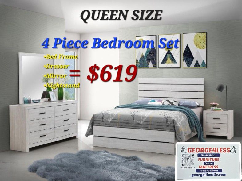 4 Piece Bedroom Set : Bed Frame + Dresser + Mirror + Nightstand