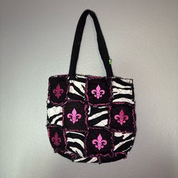 Women's Tote Bag Black/White Zebra Print Pink Fleur-de-Lis Accents Zip Lined