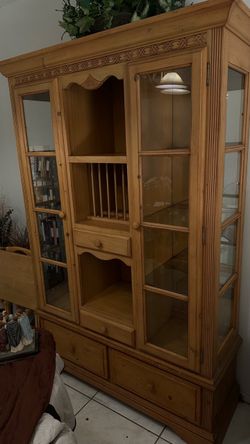 Pine Wood China Cabinet with Glass Doors