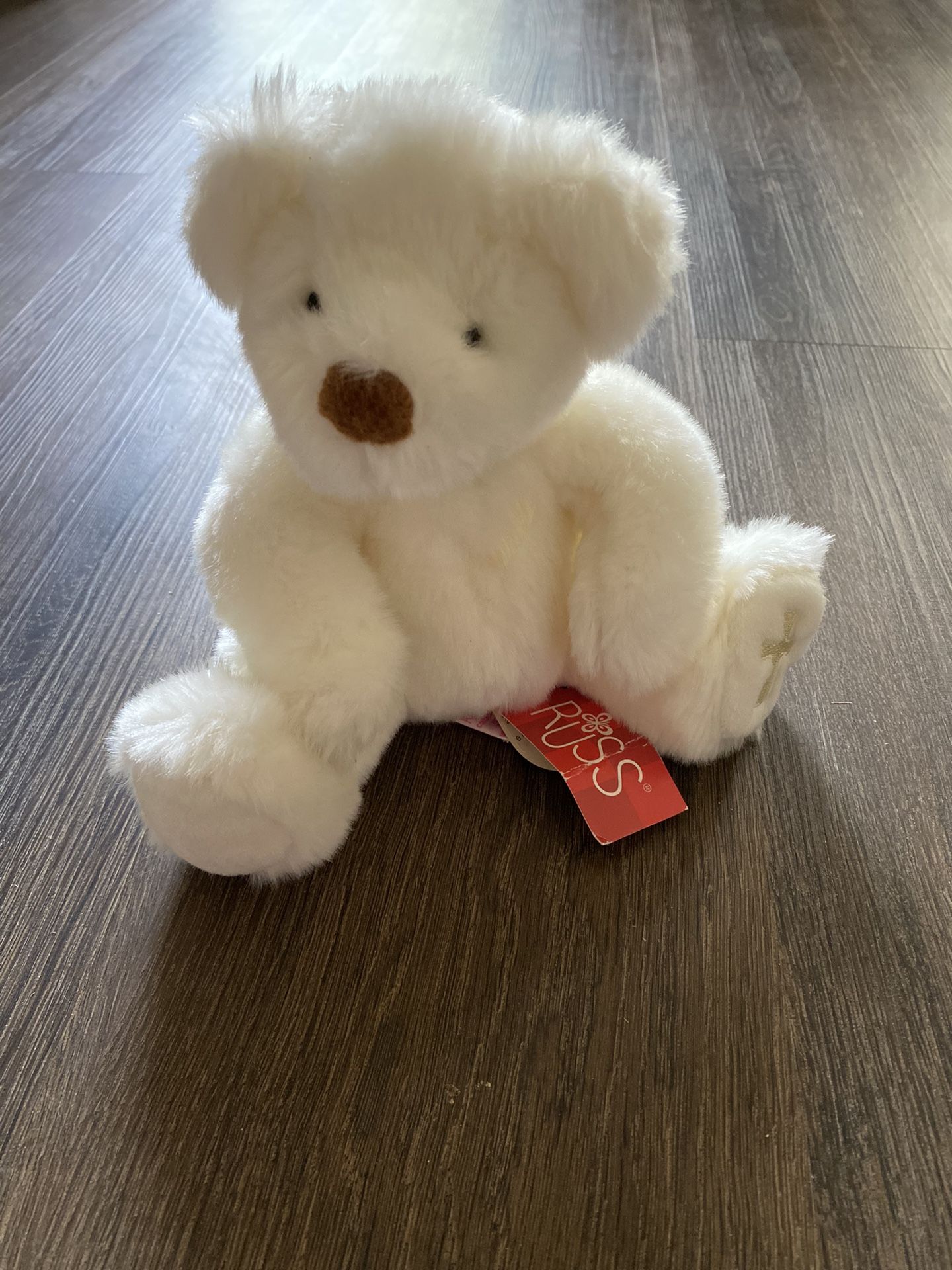 VTG “Believe” white bear with cross on foot Russ stuffed animal plush NWT